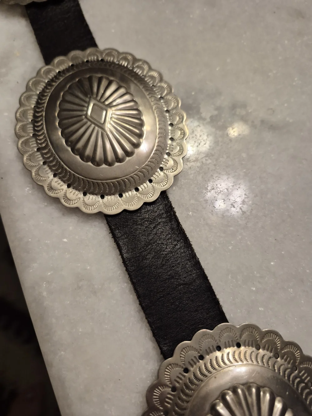 Silver Concho Leather Belt - Black Leather Western Style - Picture 2 of 5